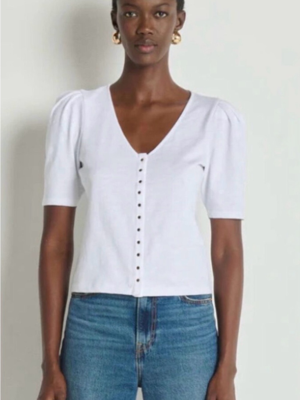 Nation Los Angeles Jen White Button-Front Puff Sleeve Top large